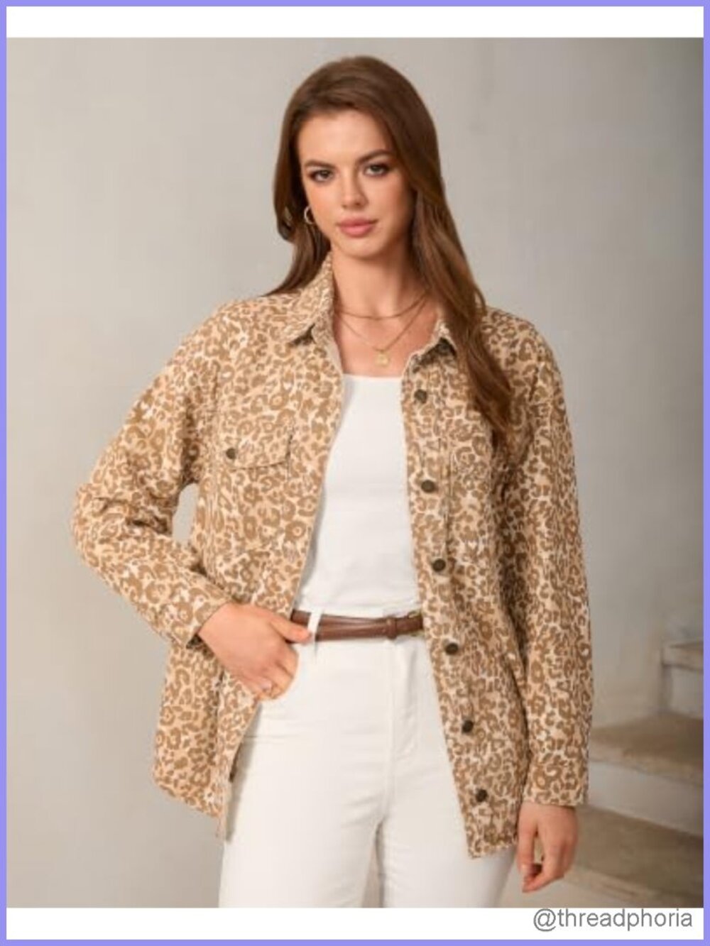 Oversized Cheetah Print Denim Shacket Button Down Cotton Jean Jacket - Picture 2 of 4